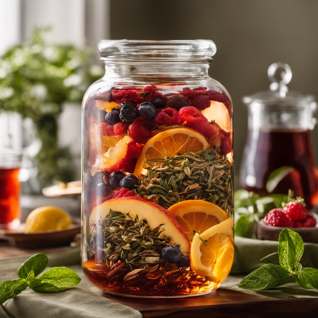 An image of a glass jar filled with a vibrant blend of tea leaves, fruits, and herbs, as they delicately float in the liquid