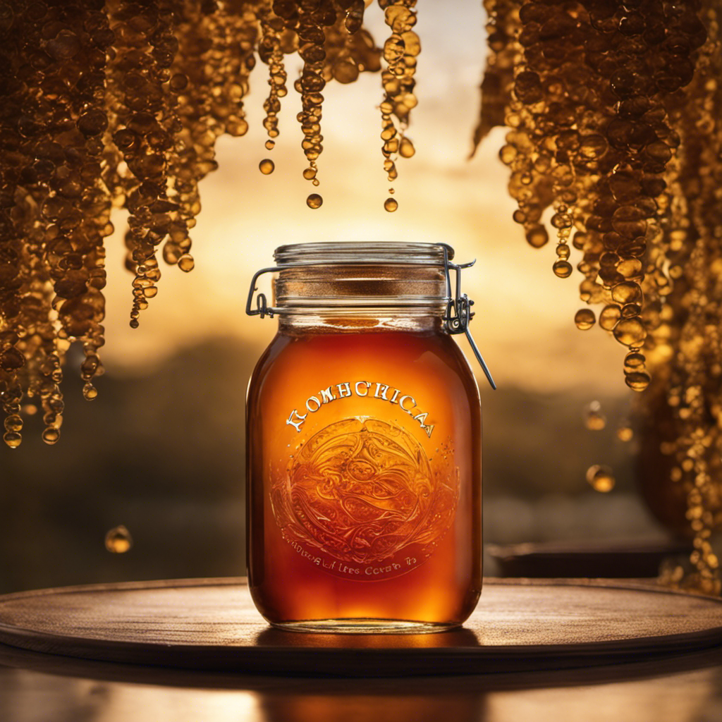 An image showcasing a glass jar filled with a bubbling brew of Kombucha tea