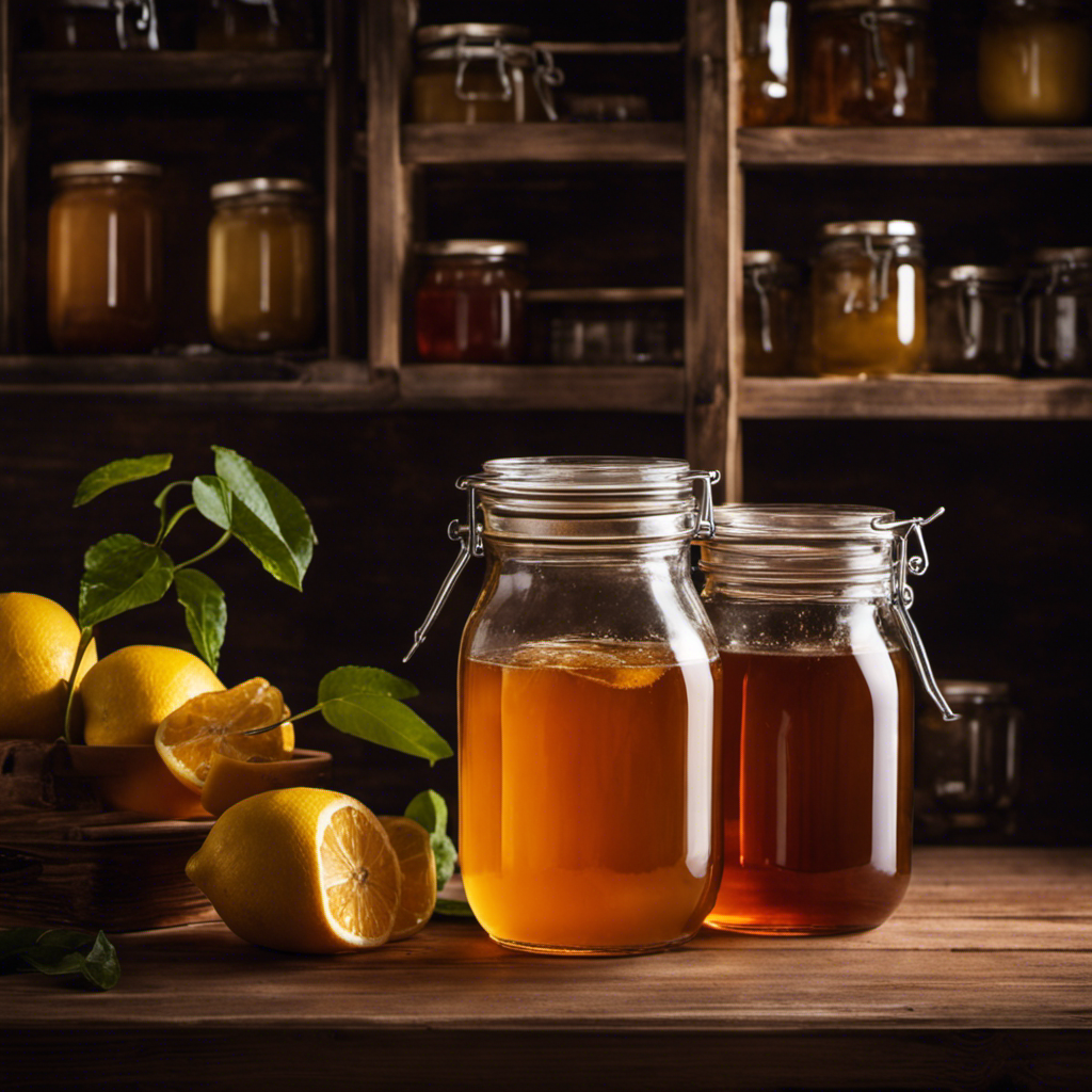 An image showcasing a glass jar filled with homemade kombucha tea, sitting on a wooden shelf in a dimly lit pantry