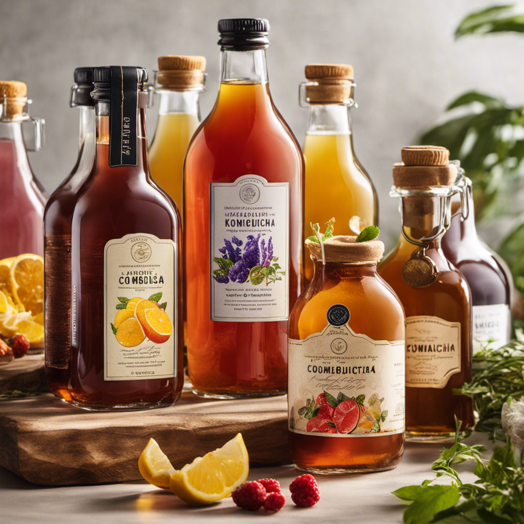An image showcasing a diverse array of handcrafted glass bottles filled with vibrant, effervescent Kombucha tea