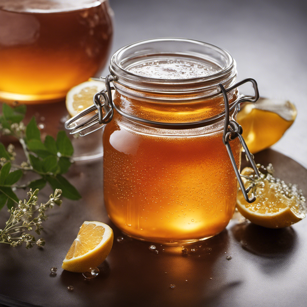 An image featuring a glass jar filled with refreshing, amber-colored kombucha tea, adorned with condensation droplets