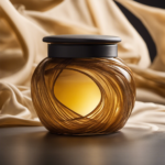 An image of a glass jar with a rubber band securing a piece of breathable cloth over its mouth, filled with golden liquid swirling around a scoby that floats on the surface