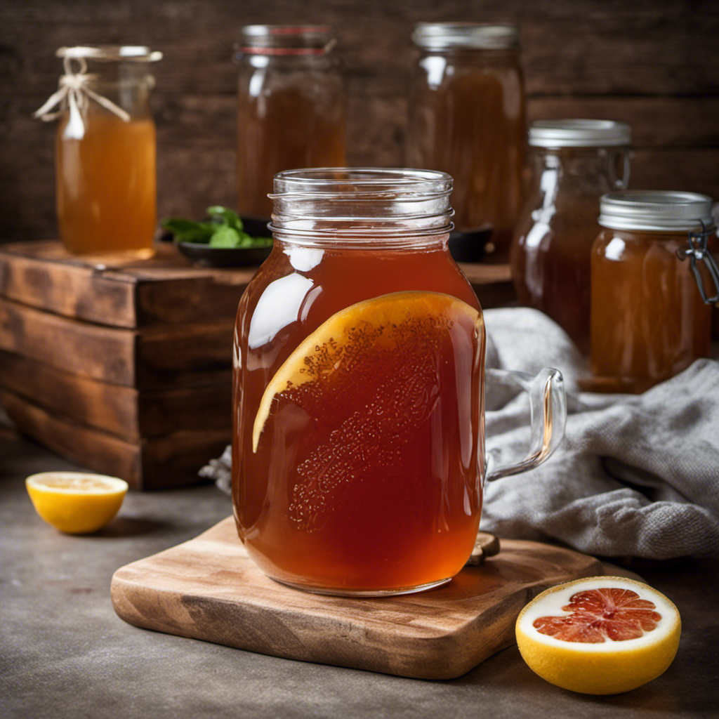 An image showcasing the step-by-step process of making Kombucha Tea: a glass jar filled with sweetened tea, a SCOBY (Symbiotic Culture of Bacteria and Yeast), fermenting bubbles, and finished Kombucha poured into a glass
