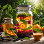 An image showcasing a glass mason jar filled with fermenting kombucha tea, surrounded by vibrant tea leaves, slices of fresh fruit, and a scoby floating on the surface