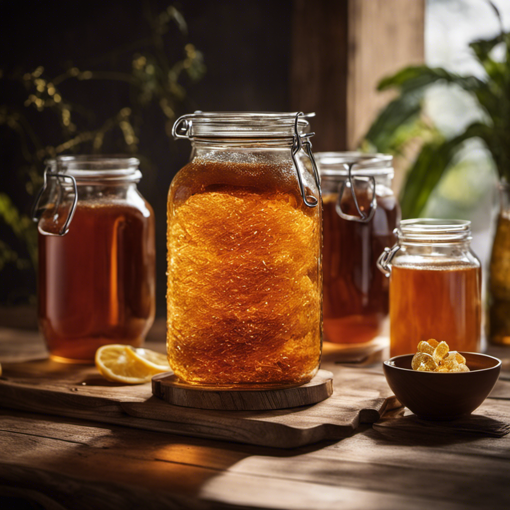 An image showcasing a glass jar filled with bubbling, amber-hued kombucha tea