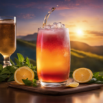 An image capturing the vibrant essence of Kombucha Tea, showcasing a serene sunrise backdrop with a glass filled to the brim, condensation glistening as the steam rises, inviting the perfect moment to indulge