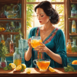 An image depicting a serene, expectant mother gently pouring a glass of homemade, effervescent kombucha tea into a delicate, crystal-clear glass, showcasing vibrant, swirling colors and the refreshing, invigorating nature of the drink