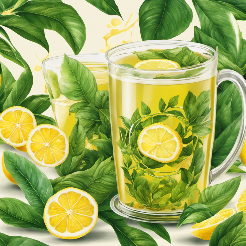 An image that showcases a steaming cup of soothing Kombucha tea, adorned with slices of fresh ginger and lemon, surrounded by vibrant green leaves, evoking a sense of comfort and revitalization for those feeling under the weather