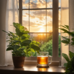 An image showcasing a serene morning scene with a glass of freshly brewed Kombucha tea placed on a sunlit windowsill, surrounded by lush green plants and a delicate sunrise filtering through sheer curtains