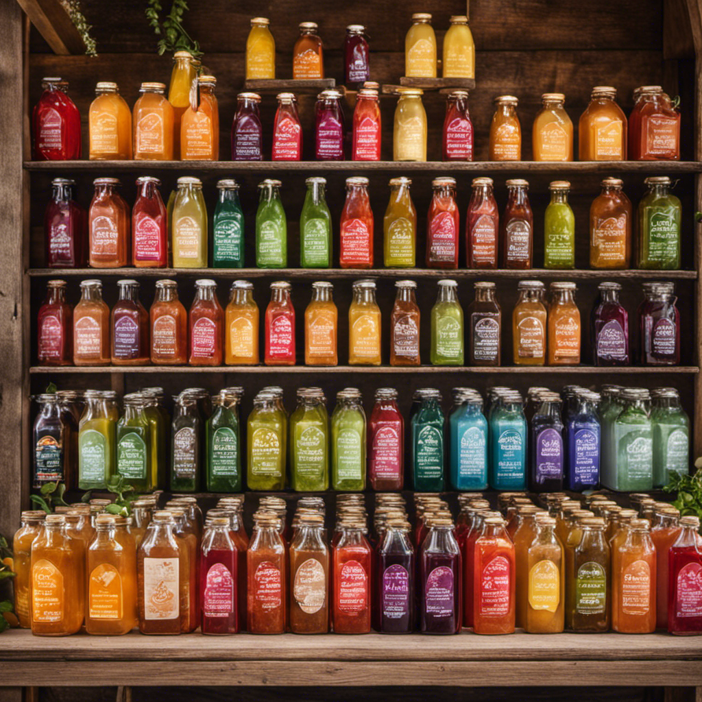 An image showcasing a vibrant farmer's market stall brimming with colorful bottles filled with effervescent Kombucha tea