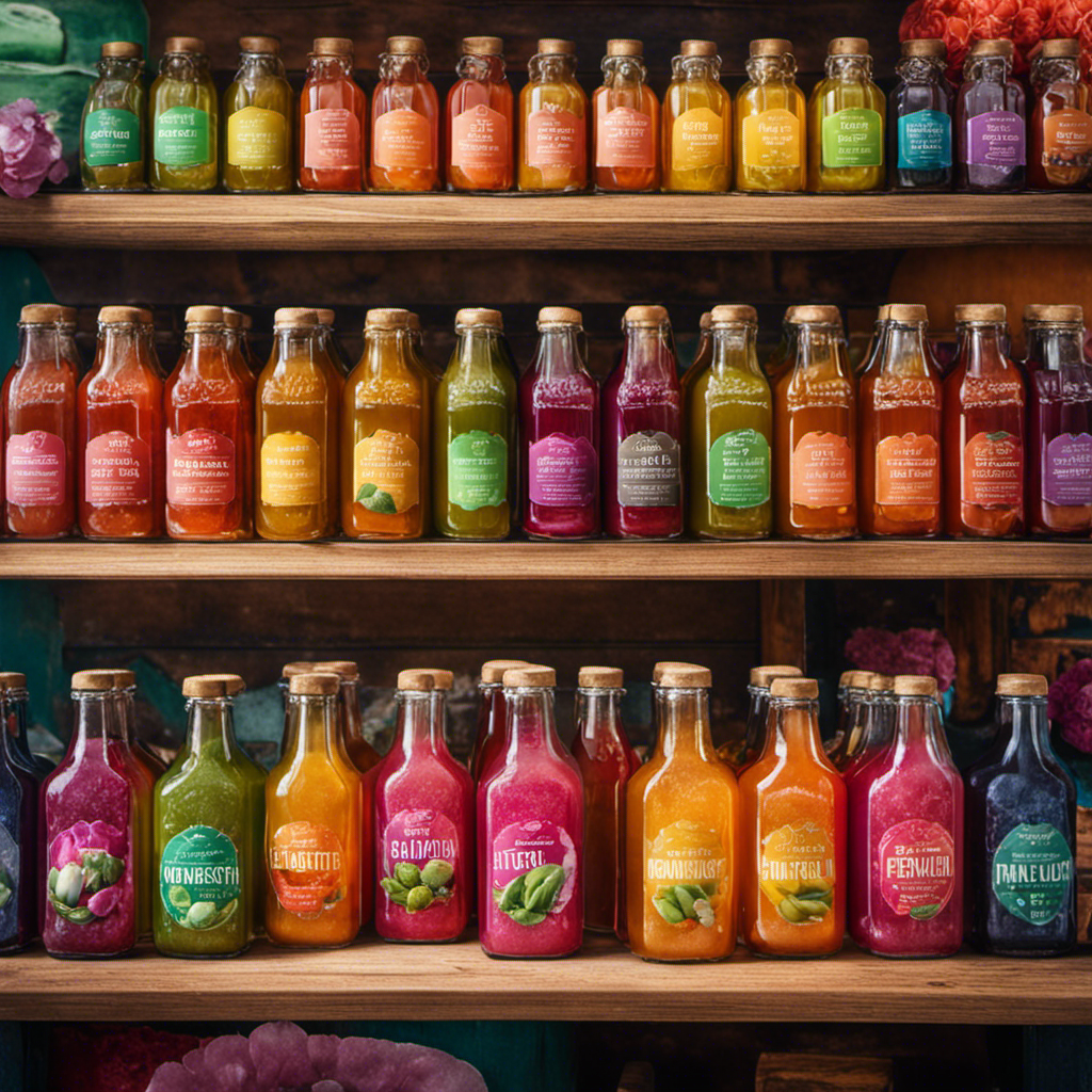 An image showcasing a vibrant farmer's market stall brimming with colorful bottles filled with effervescent Kombucha tea