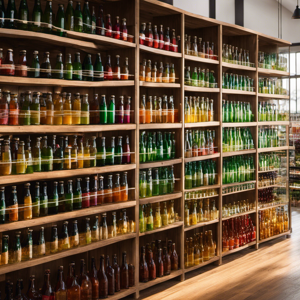 An image capturing rows of glass bottles filled with vibrant, effervescent Kombucha tea, neatly arranged on wooden shelves in a sunlit organic grocery store