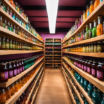 An image showcasing the vibrant shelves of a health food store, adorned with rows of colorful glass bottles filled with effervescent Kombucha tea