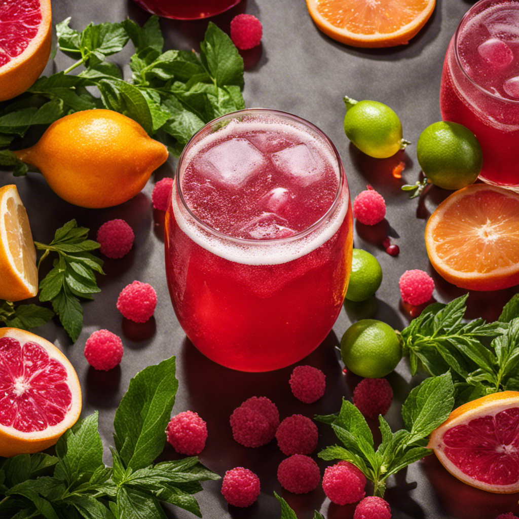 An image showcasing a vibrant glass of effervescent, ruby-hued kombucha, gently fizzing with tiny bubbles