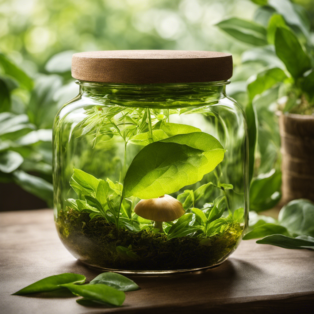 An image showcasing a close-up of a glass jar filled with a translucent, effervescent liquid, surrounded by vibrant, thriving green tea leaves