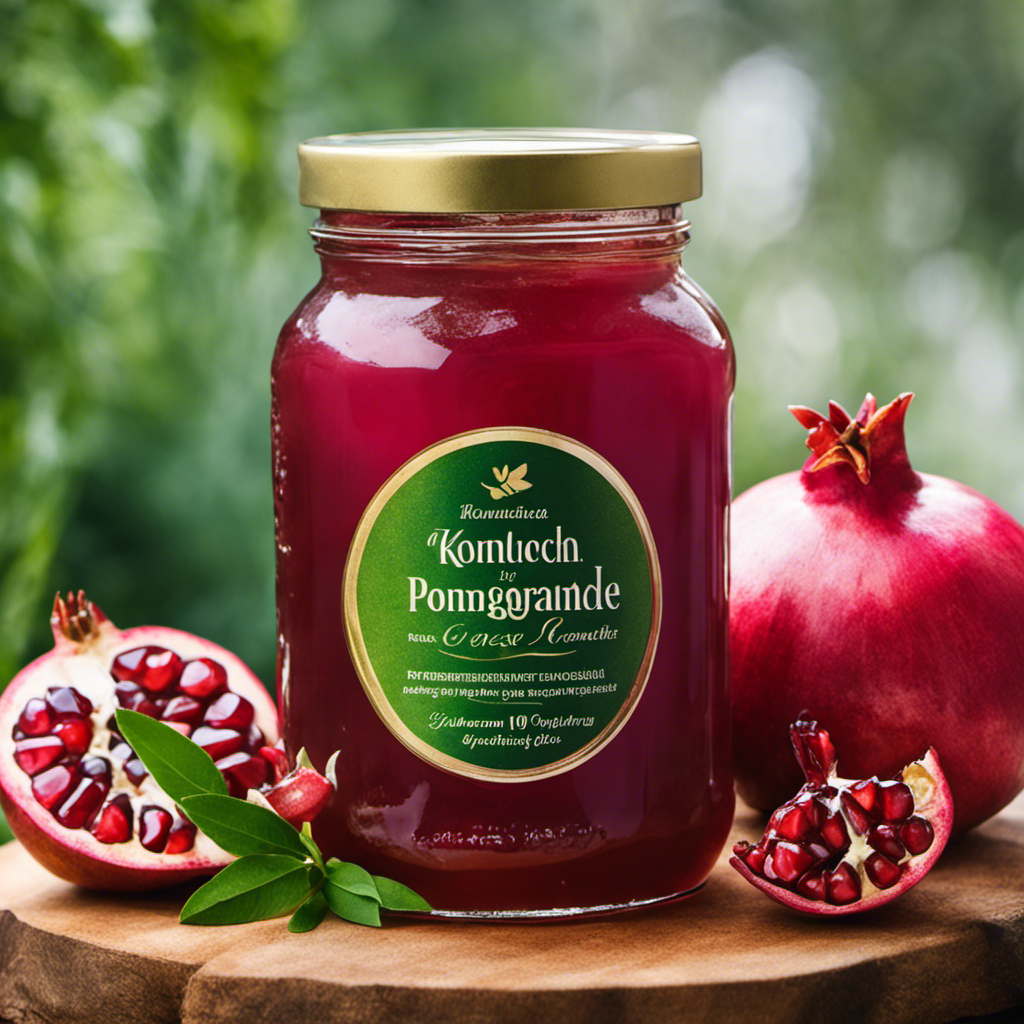 An image of a vibrant, lush green garden with a glass jar filled with homemade kombucha placed next to a perfectly ripe pomegranate, showcasing the natural remedy's powerful healing properties against yeast infections