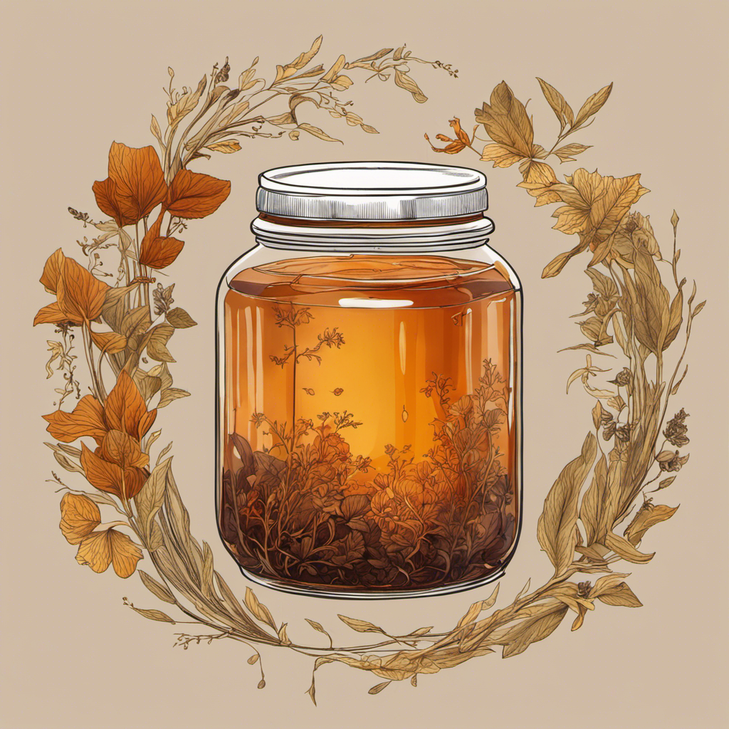 An image showcasing a glass jar filled with rich, amber-colored liquid, brimming with floating strands of delicate, mushroom-like SCOBY