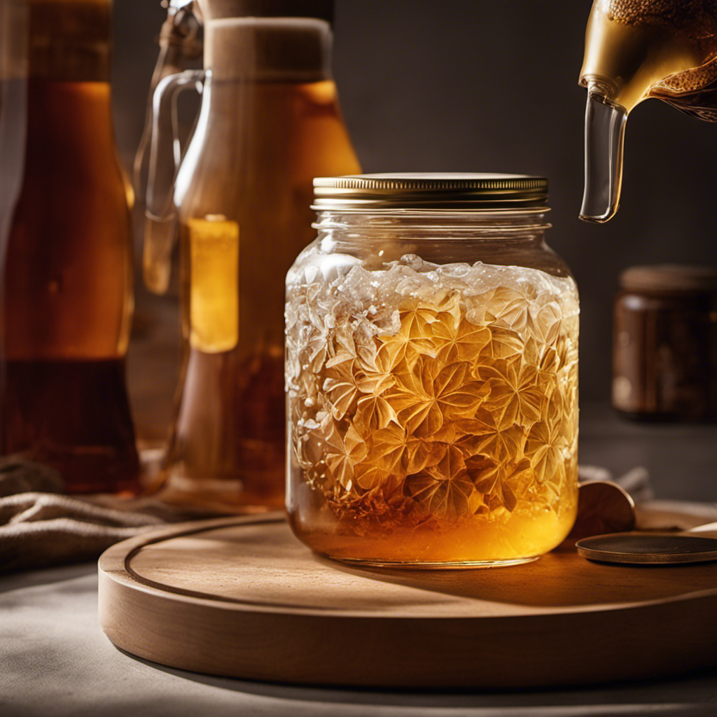 An image that showcases the process of kombucha brewing, featuring a glass jar filled with a rich amber liquid, floating tea leaves, and a thick layer of SCOBY on top, surrounded by diffused sunlight