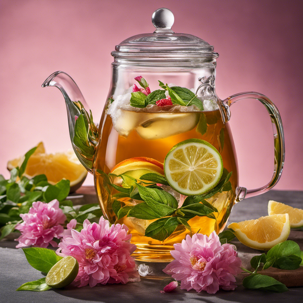 An image of a vibrant teapot, pouring a stream of hot green tea into a glass jar filled with ice cubes