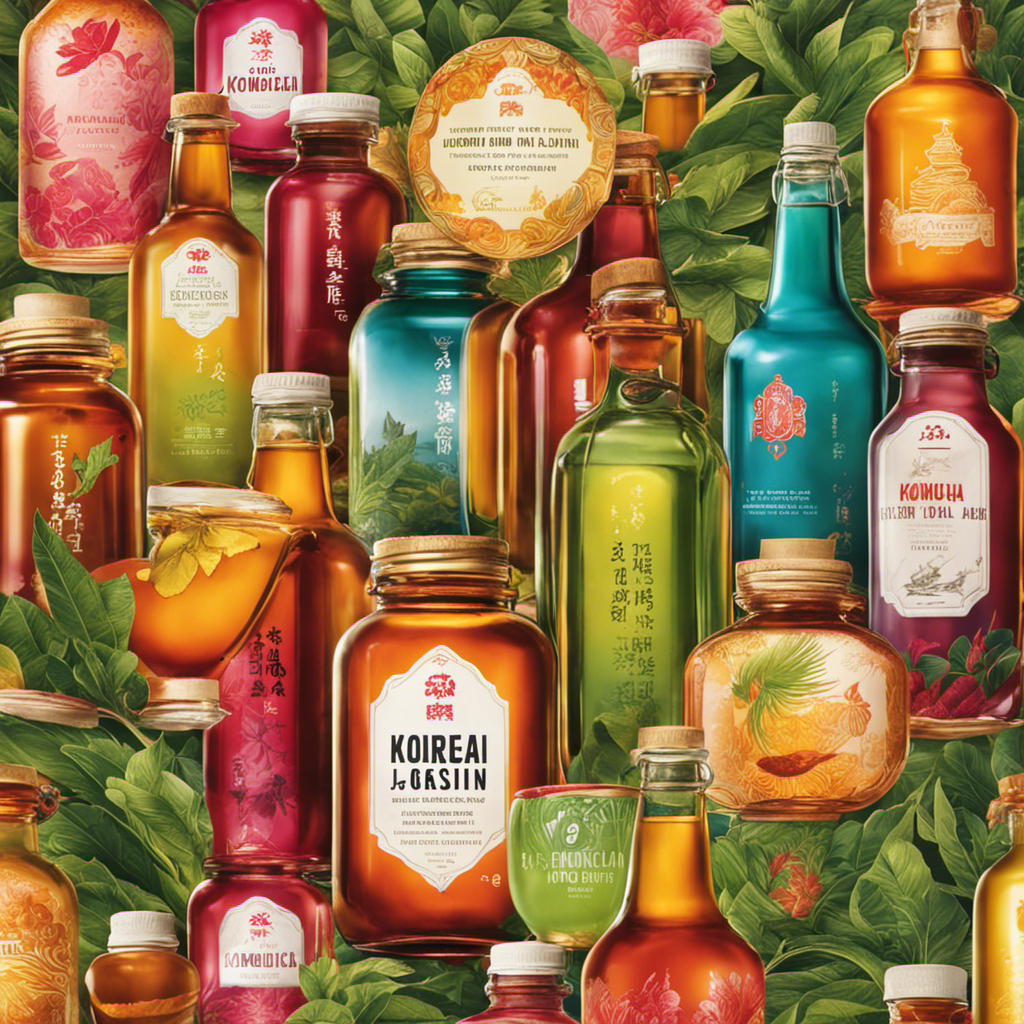 An image capturing the vibrant essence of Kombucha's global expedition: vividly colored glass bottles filled with effervescent liquid, surrounded by Chinese tea leaves and Korean ginseng, all against a backdrop of traditional Asian motifs