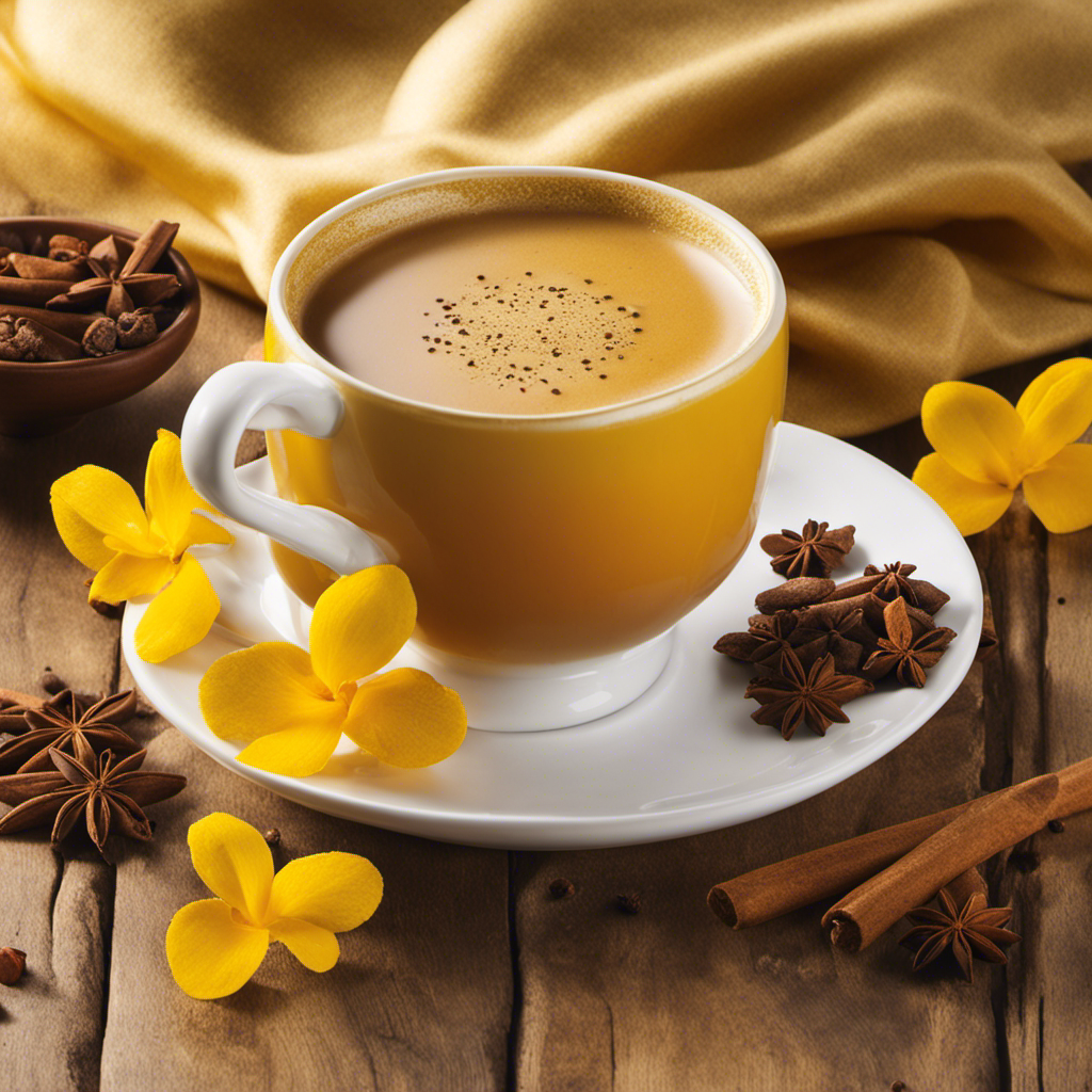 An image showcasing a steaming cup of Kona Loa Coffee Chai Turmeric Tea, with a vibrant yellow hue, topped with frothy foam, and surrounded by aromatic spices, evoking a warm and comforting sensation