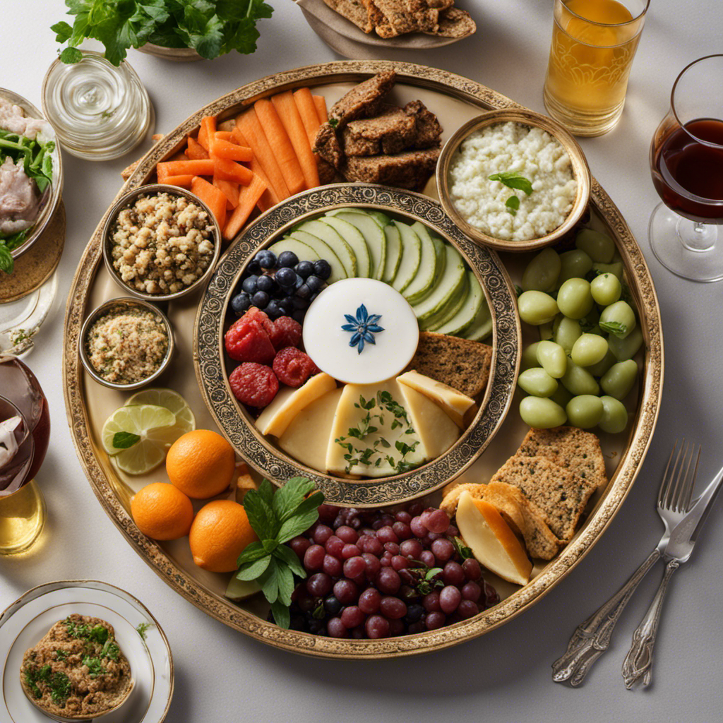 An image showcasing a beautifully arranged Seder plate, adorned with traditional Passover foods, alongside a glass of refreshing kosher kombucha, symbolizing the perfect harmony of ancient customs and modern wellness