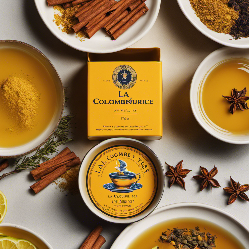 An image showcasing the vibrant and aromatic world of La Colombe Turmeric Tea Bags: a radiant yellow tea bag, immersed in a steaming cup, releasing a delicate swirl of exotic spices into the air