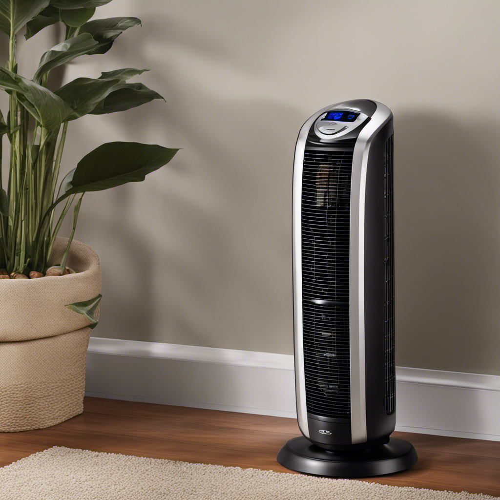 A captivating image showcasing the Lasko Oscillating Ceramic Tower Heater in action, emitting cozy warmth across a room