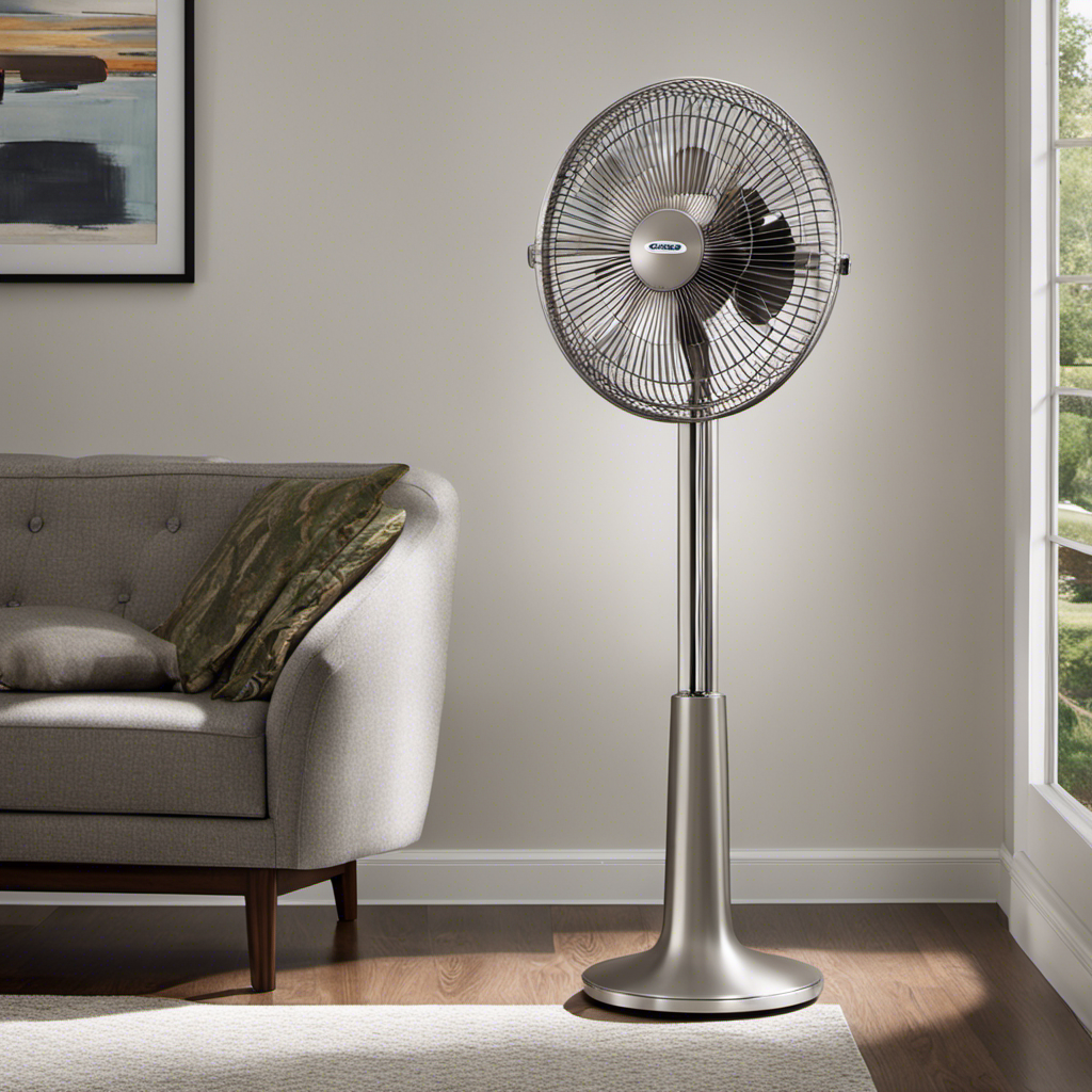 An image showcasing a sleek Lasko Oscillating Pedestal Fan in a contemporary living room