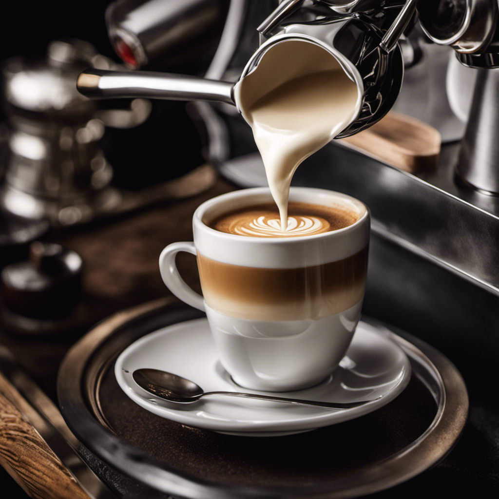 the essence of coffee craftsmanship with a mesmerizing image of a skilled barista effortlessly pouring velvety steamed milk into a meticulously crafted espresso, showcasing the artistry and precision behind the perfect cup of coffee