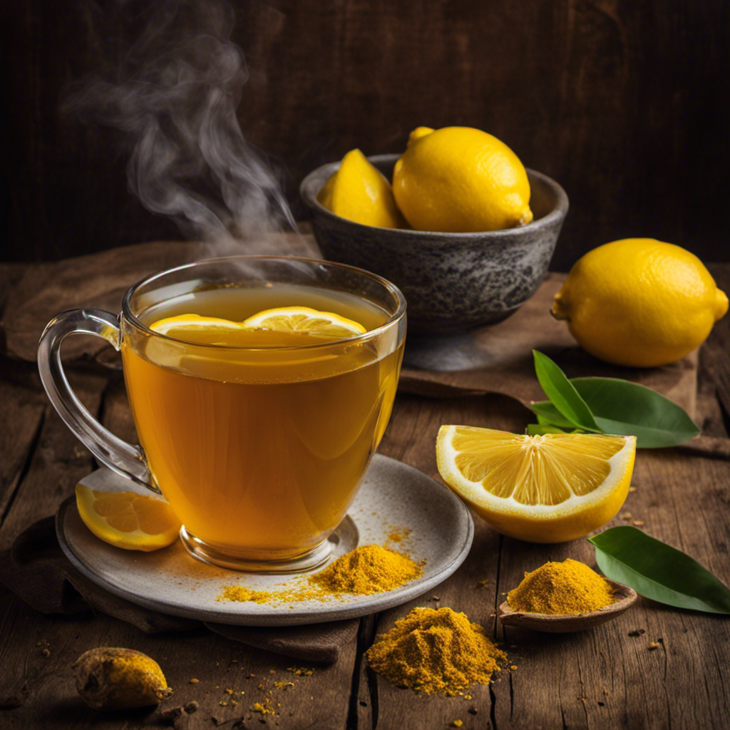 An image featuring a steaming cup of golden turmeric tea, infused with freshly sliced lemons