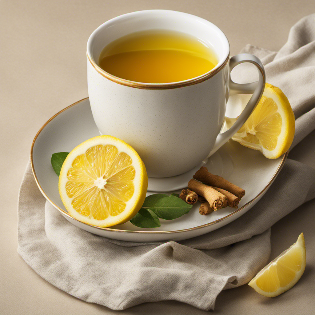 An image that captures the vibrant yellow hue of a steaming cup of lemon ginger tea infused with turmeric