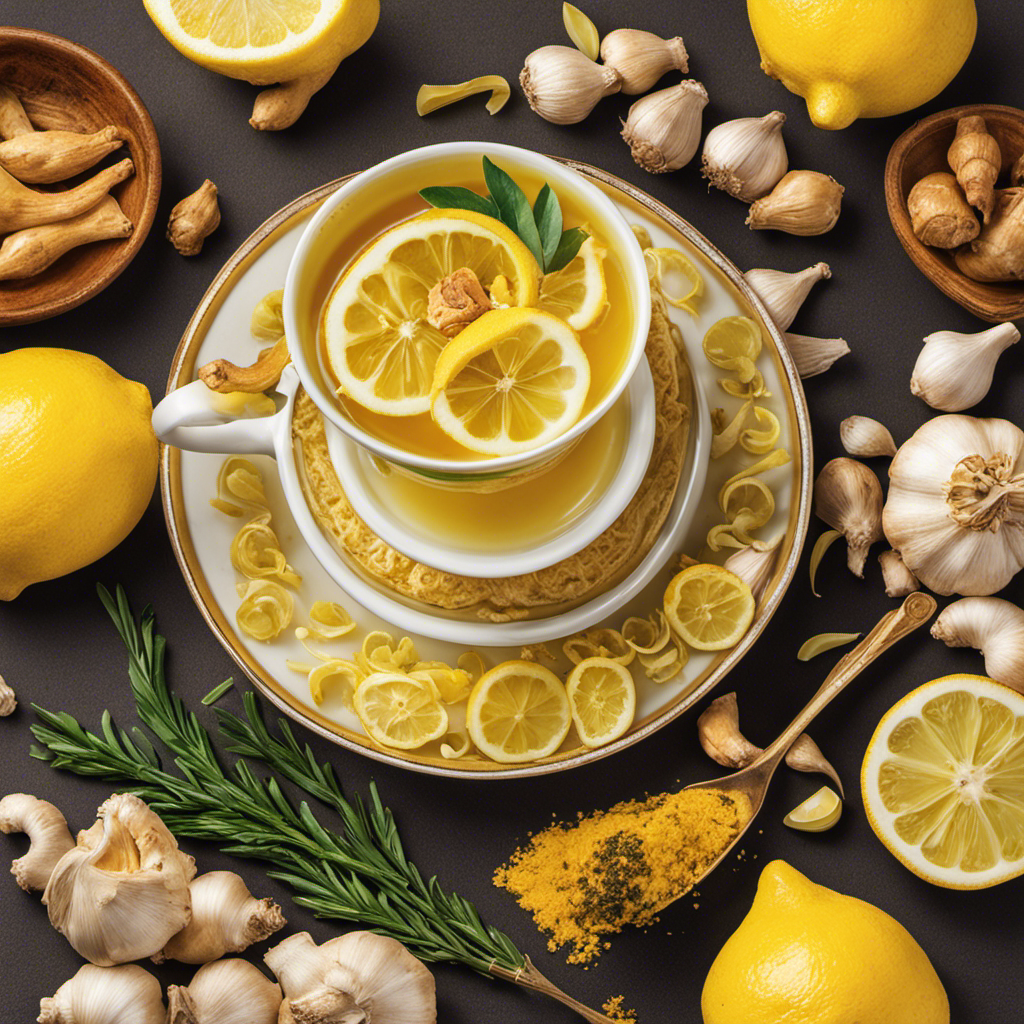 An image that showcases a steaming cup of Lemon Turmeric Ginger and Garlic Tea, with vibrant yellow hues swirling together, accompanied by aromatic slices of lemon, fresh ginger, and fragrant garlic cloves