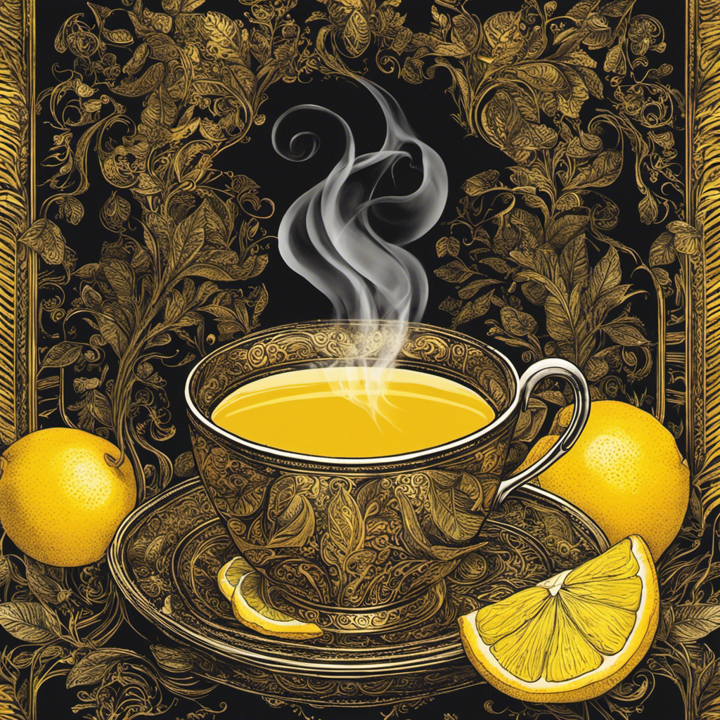 An image of a steaming cup of lemon turmeric tea, with vibrant yellow hues and wisps of steam rising gracefully