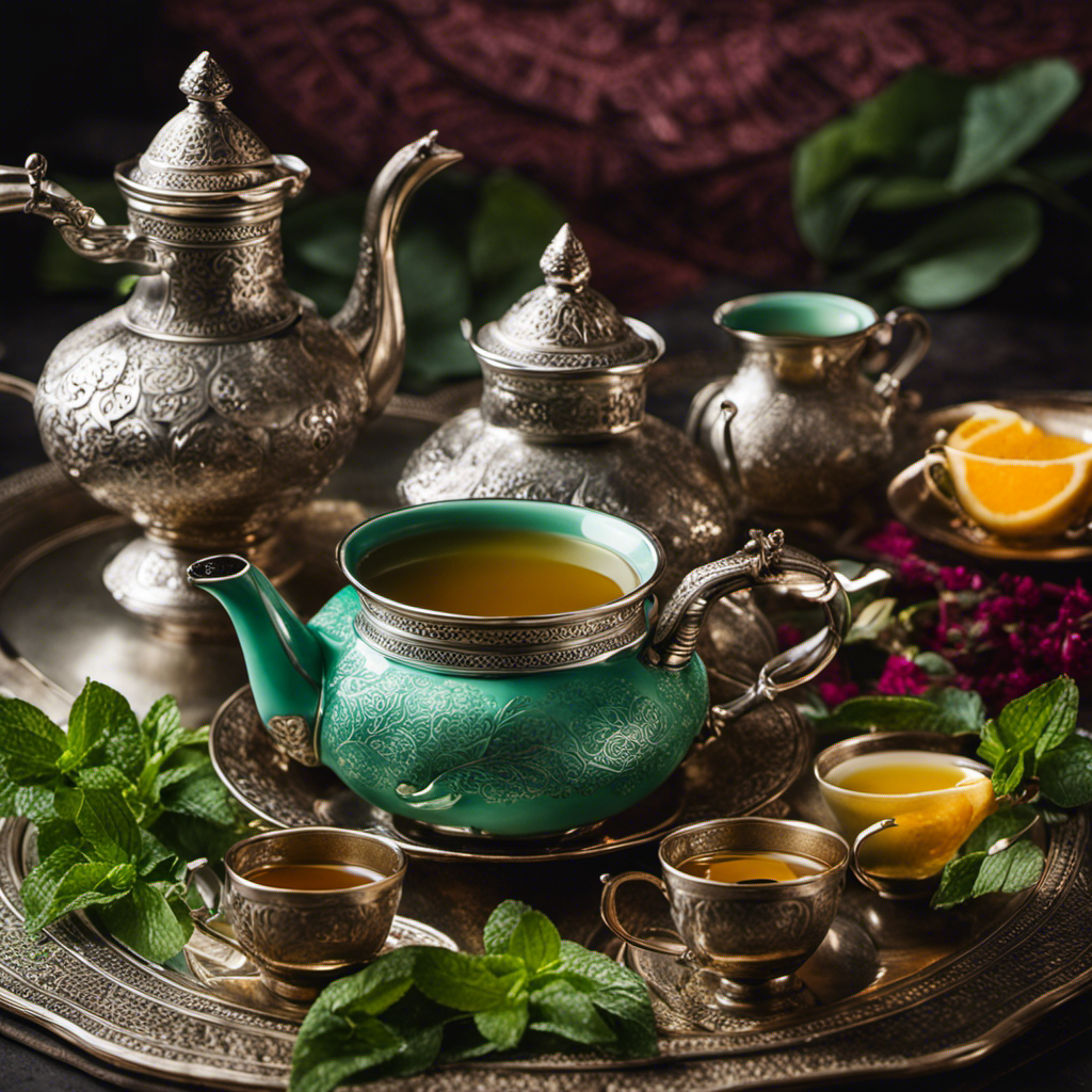 An image showcasing a vibrant Moroccan mint tea ceremony, with a traditional silver teapot pouring warm green tea into delicate glasses, surrounded by an ornate tea set and fresh mint leaves