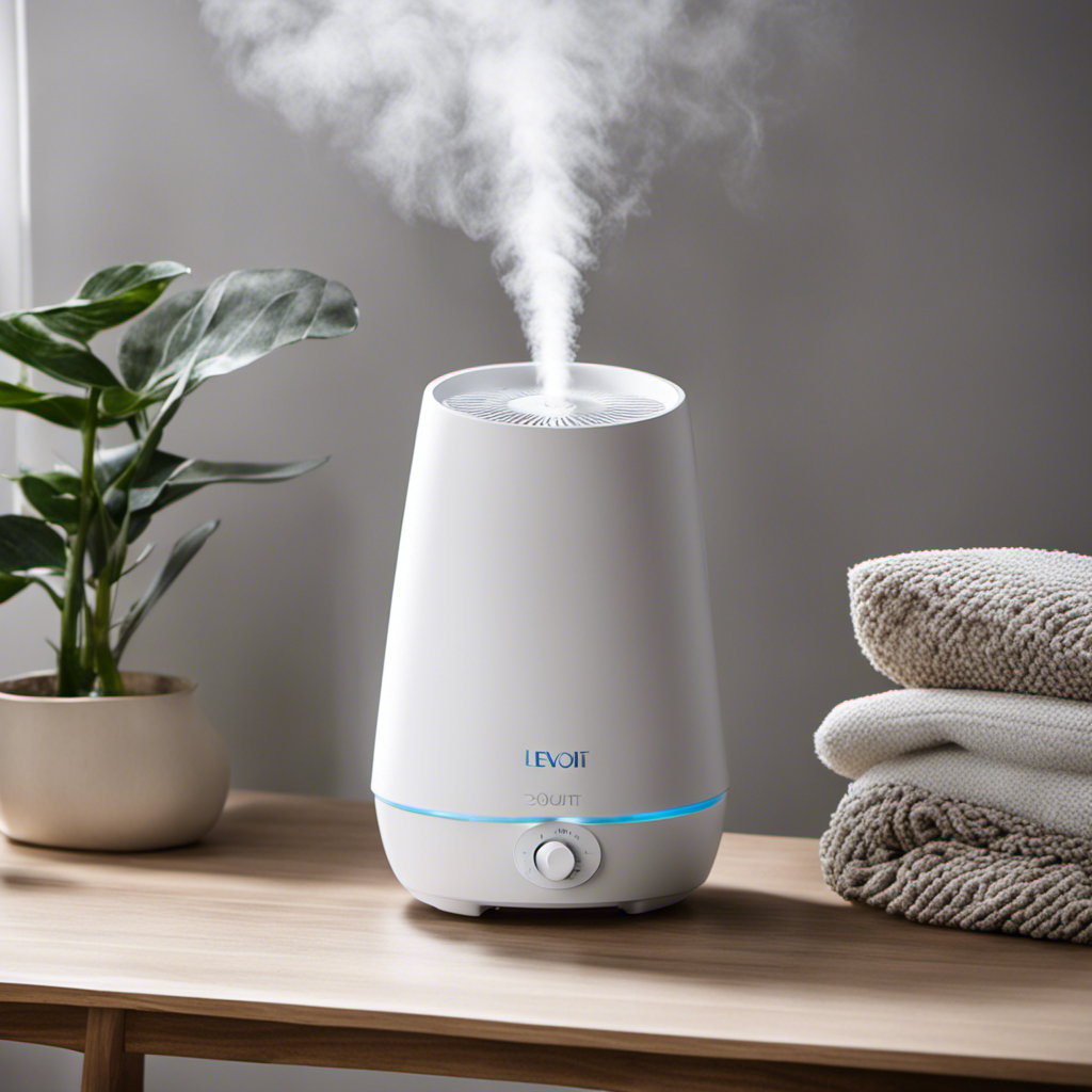 An image showcasing a sleek Levoit 300S humidifier, nestled in a serene bedroom setting