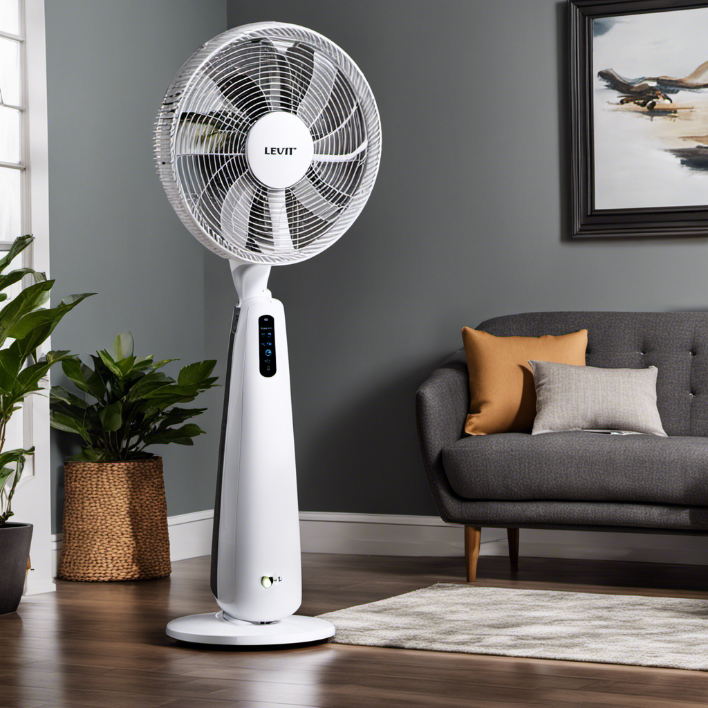 An image showcasing the sleek Levoit Classic 36-inch Tower Fan in action