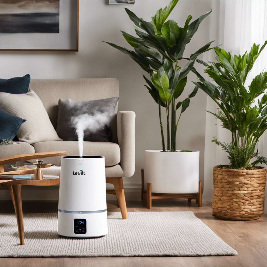 An image showcasing the sleek LEVOIT Top Fill Humidifier effortlessly improving air quality in a spacious living room, with a gentle mist emanating from its top, surrounded by lush green plants
