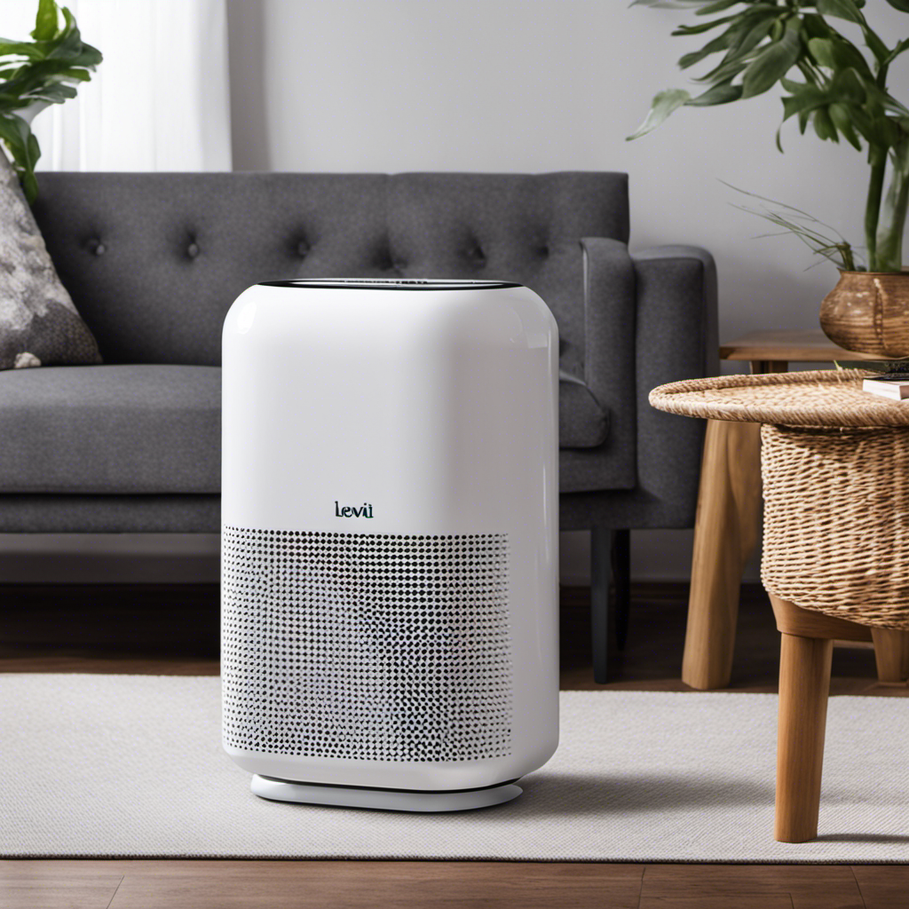 An image that showcases the sleek, compact design of the LEVOIT Vital 100S Air Purifier in a modern living room setting, with soft ambient lighting and a gentle flow of purified air
