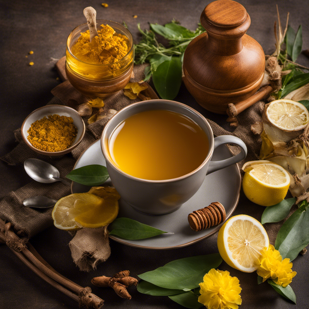 An image showcasing a serene morning scene with a steaming cup of Lifestyle Awateness Turmeric Balance Tea, filled with golden hues, surrounded by fresh ingredients like ginger, lemon, and honey, exuding a sense of vitality and tranquility