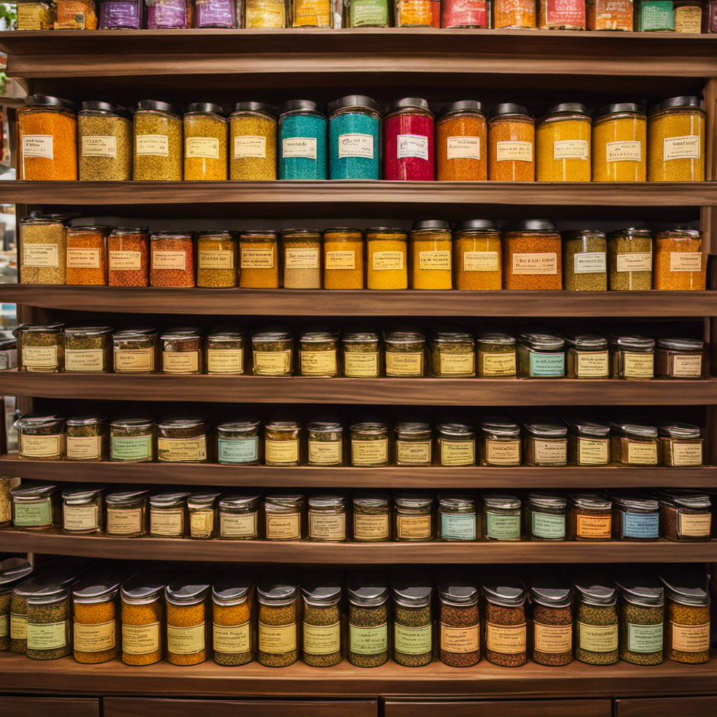 An image showcasing a vibrant display of loose leaf turmeric ginger tea varieties in a serene South Carolina store (SC 29576)