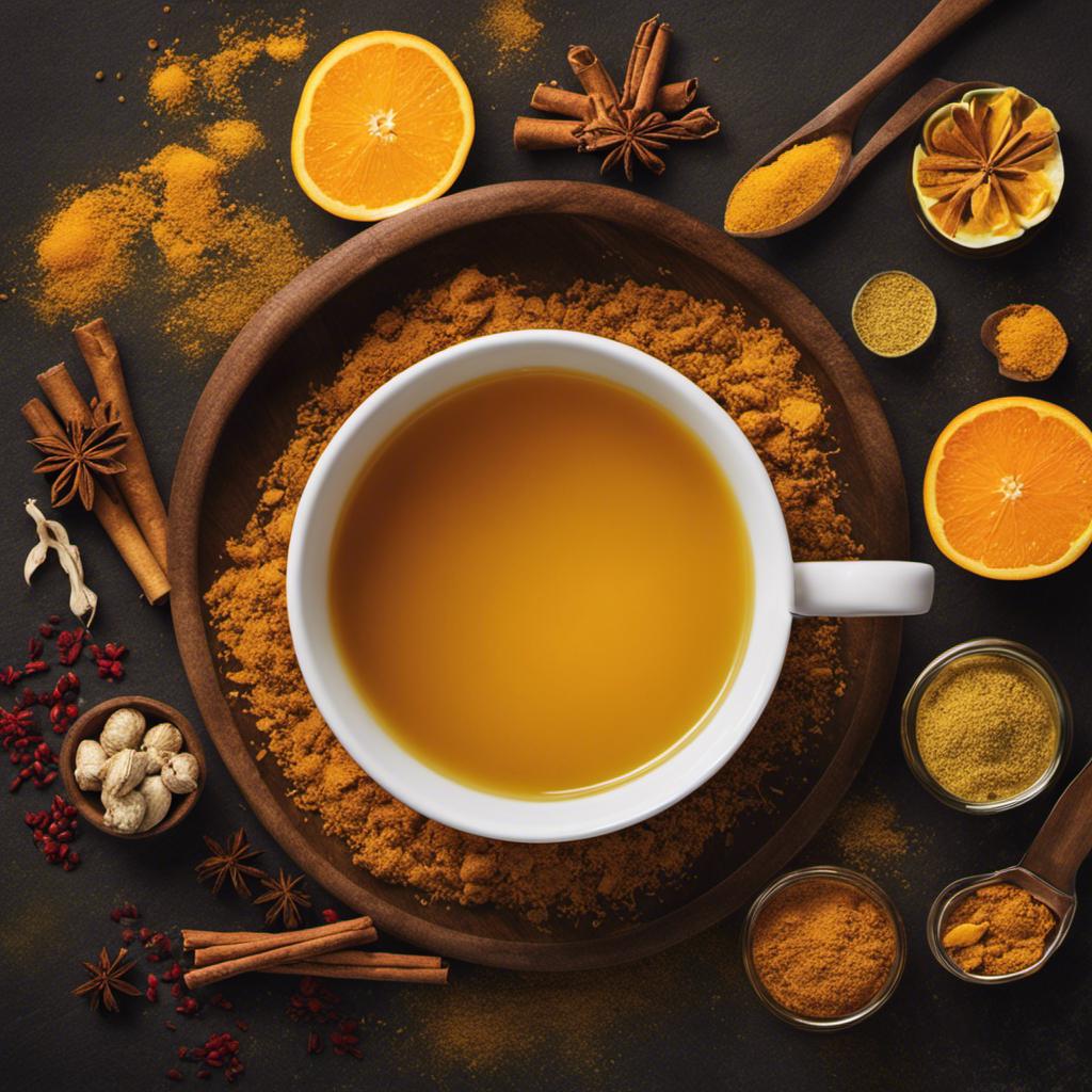 An image showcasing a steaming cup of golden turmeric tea, brimming with vibrant hues of orange and yellow