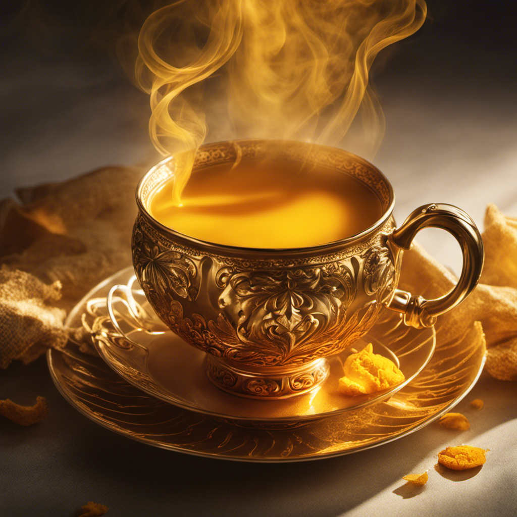 An image that showcases a steaming cup of vibrant golden turmeric tea, surrounded by swirling tendrils of aromatic steam, with rays of warm sunlight gently illuminating the scene