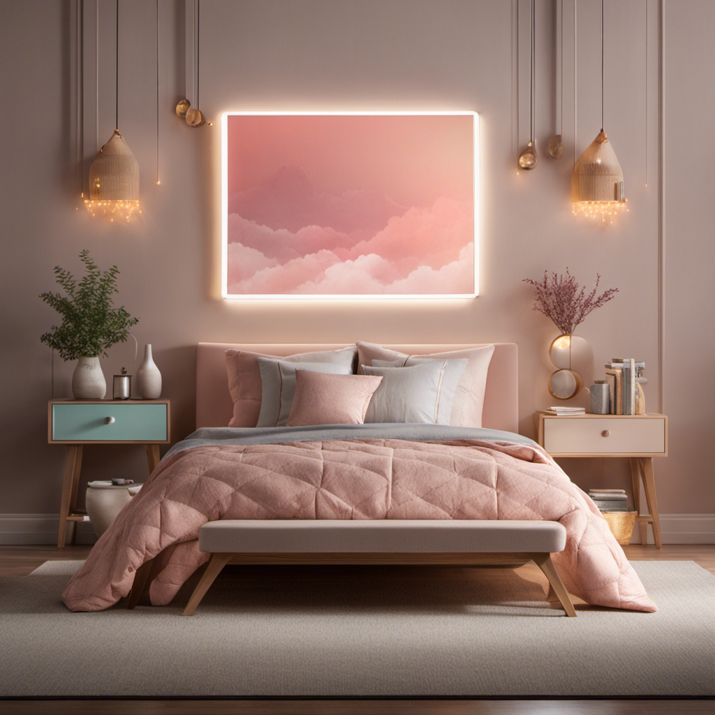 An image showcasing a serene bedroom scene with a cozy bed adorned with soft, pastel-colored blankets and pillows