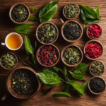  an inviting image showcasing a variety of vibrant tea leaves, including green, black, and oolong, neatly arranged on a wooden table