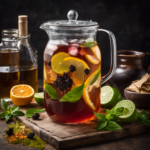 An image showcasing a glass pitcher filled with exactly 1 gallon of homemade kombucha, surrounded by an assortment of different tea bags - black, green, and herbal - representing the variety of flavors and options available for brewing this delicious fermented beverage