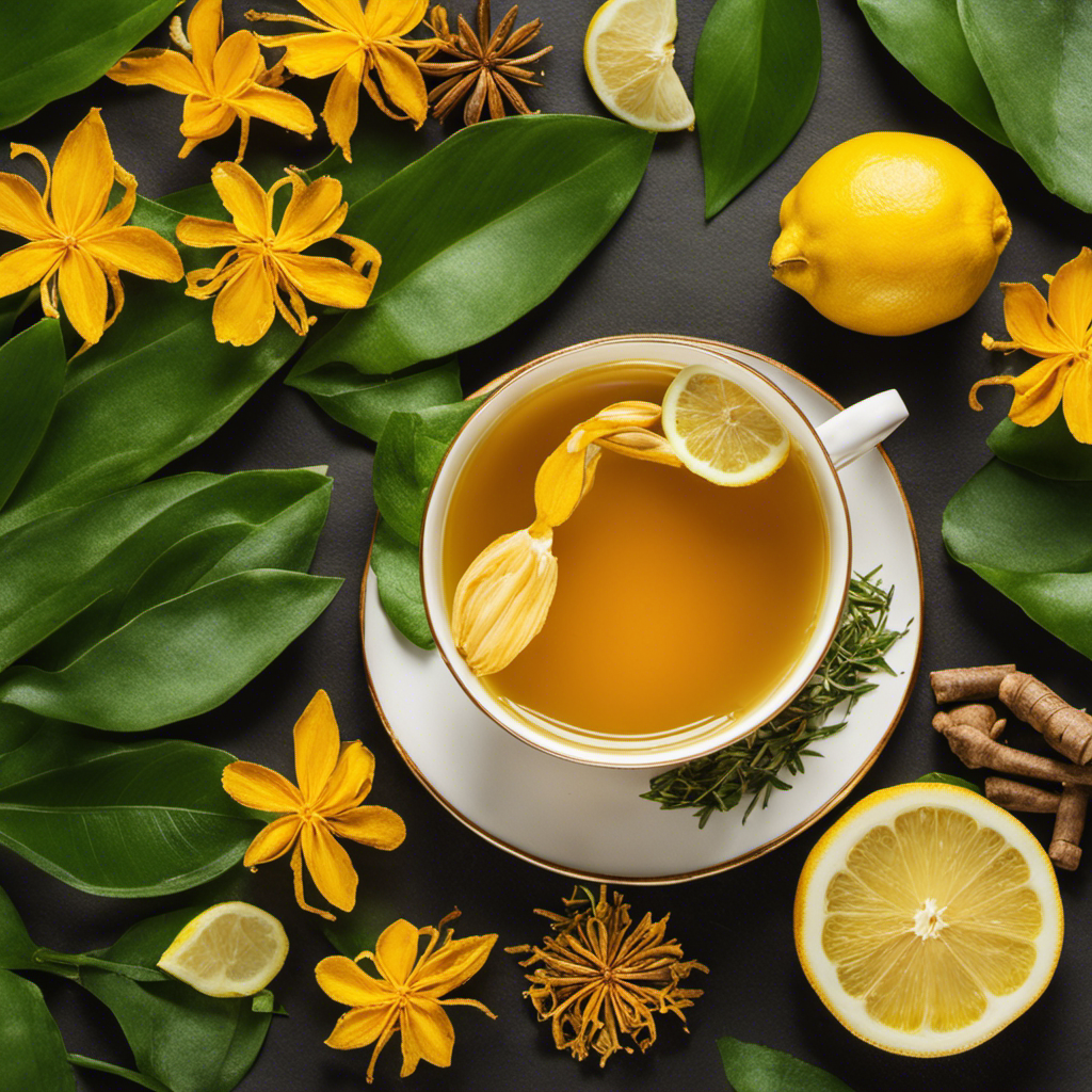 An image showcasing a steaming cup of vibrant, golden turmeric tea, elegantly garnished with a slice of lemon and a sprinkle of freshly grated turmeric, set against a backdrop of lush green tea leaves