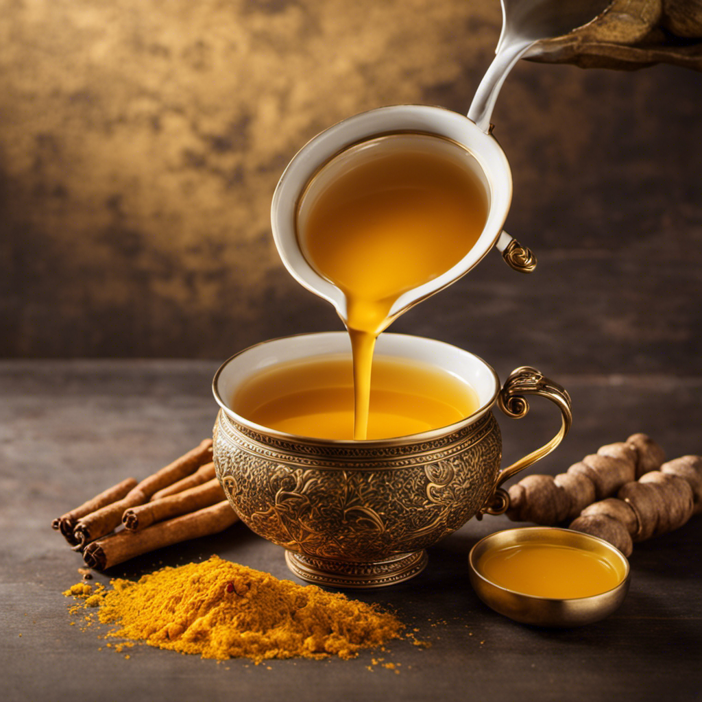 An image showcasing the vibrant process of transforming turmeric root into a soothing cup of golden tea
