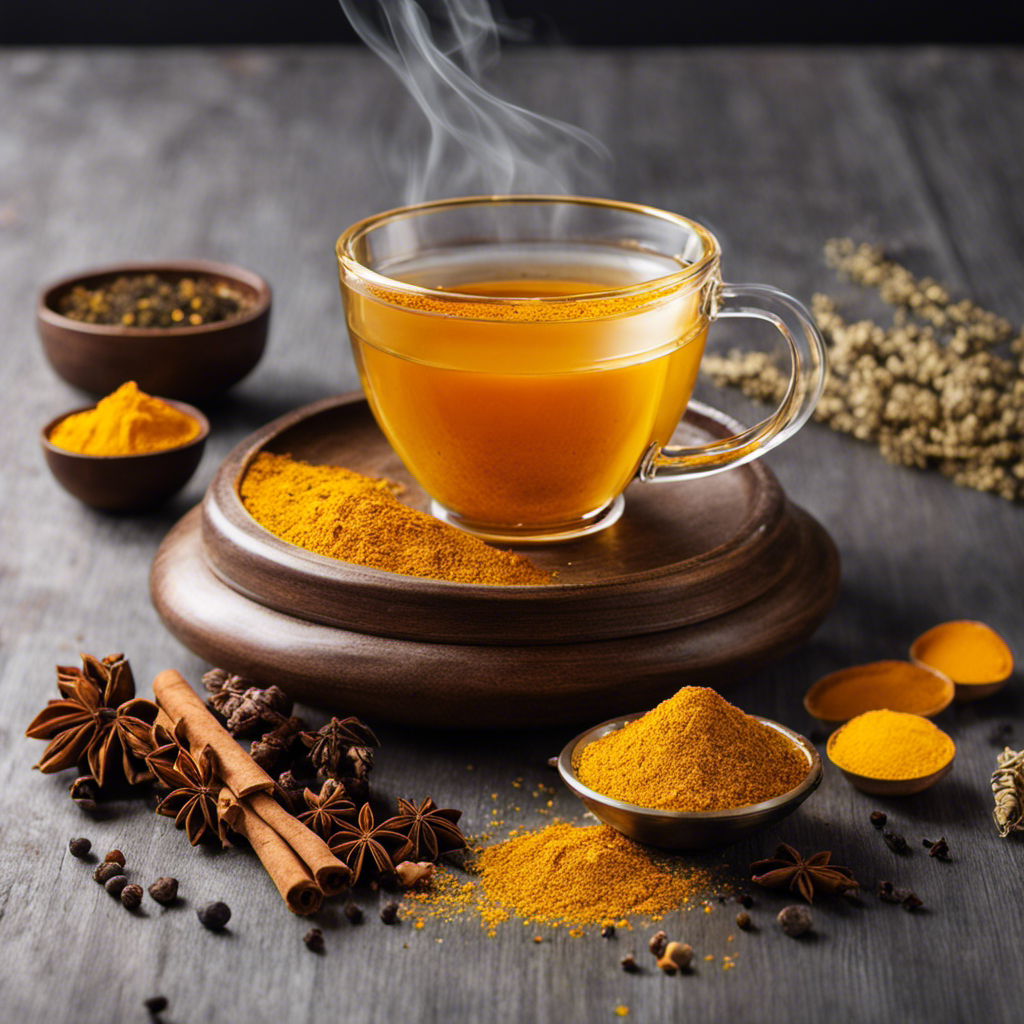 An image featuring a steaming cup of vibrant golden turmeric powder tea, gently wafting aromas of warm spices