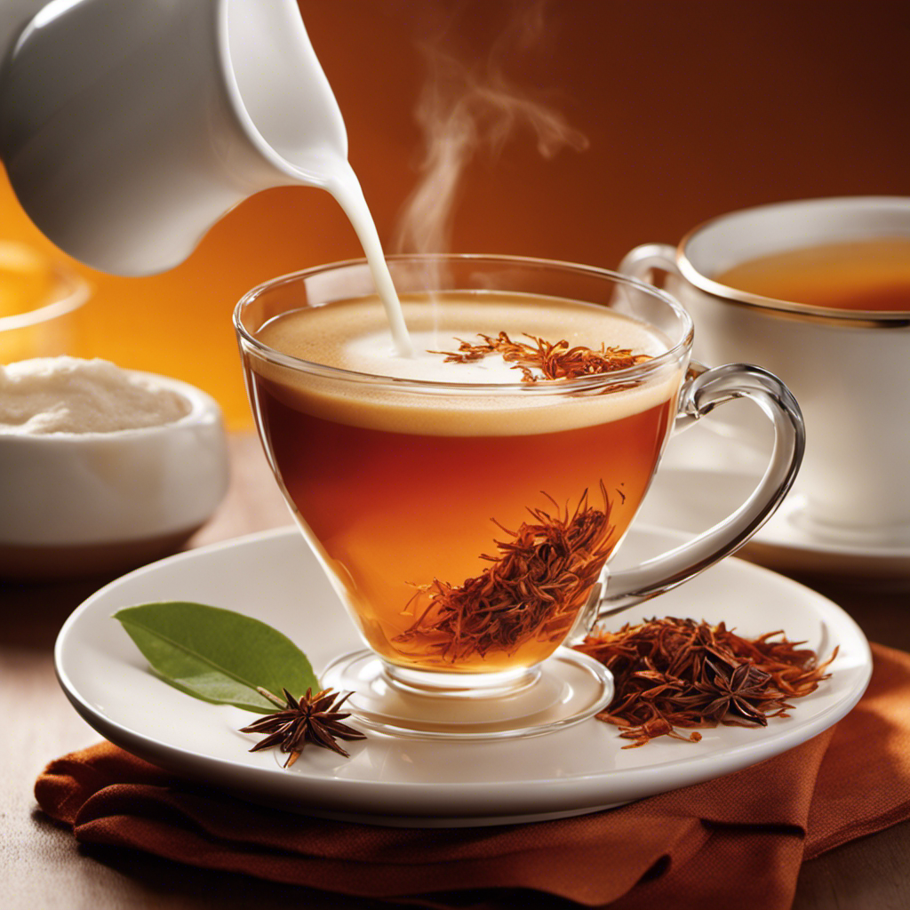 An image capturing the essence of a perfect Rooibos Tea Latte: a porcelain teacup brimming with warm, amber-hued liquid, adorned with delicate wisps of steam, crowned by a frothy layer of creamy milk, and surrounded by fragrant tea leaves